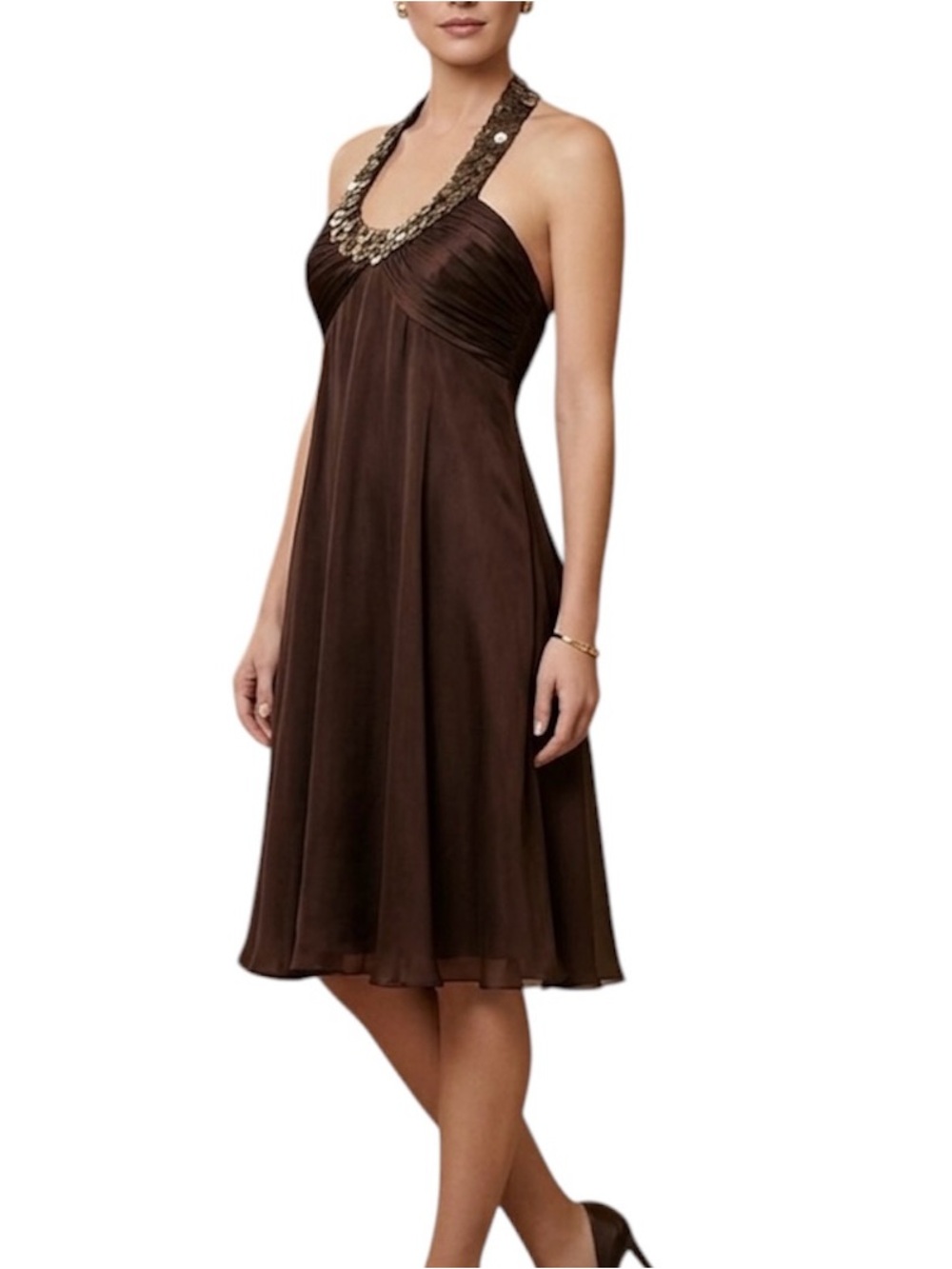 Anne Klein Brown Silk Gold Ring Necklace Halter Dress 10 Marilyn Monroe Flare